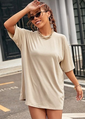 l Beden Kadın Camel Renk Mini Oversize Tişört