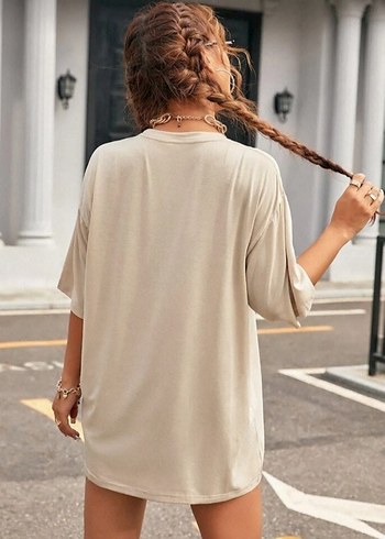 l Beden camel Renk Kadın Camel Renk Mini Oversize Tişört