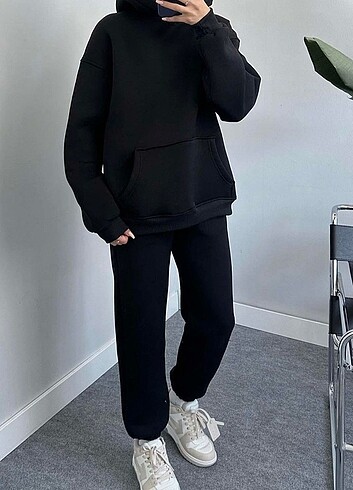 l Beden siyah Renk 3iplik sardonlu oversize takım