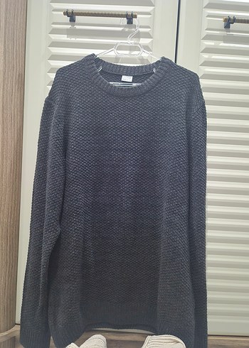 Gri Erkek Denim Triko Bisiklet Yaka Kazak - Görsel 3