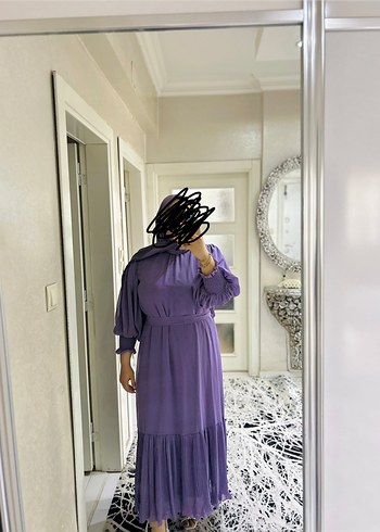 42 Beden mor Renk Uzun Kollu Mor Pileli Bohem Elbise
