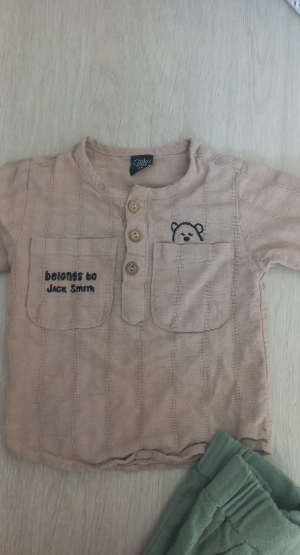 Bej Keten Uzun Kollu Bebek Takımı - Görsel 2