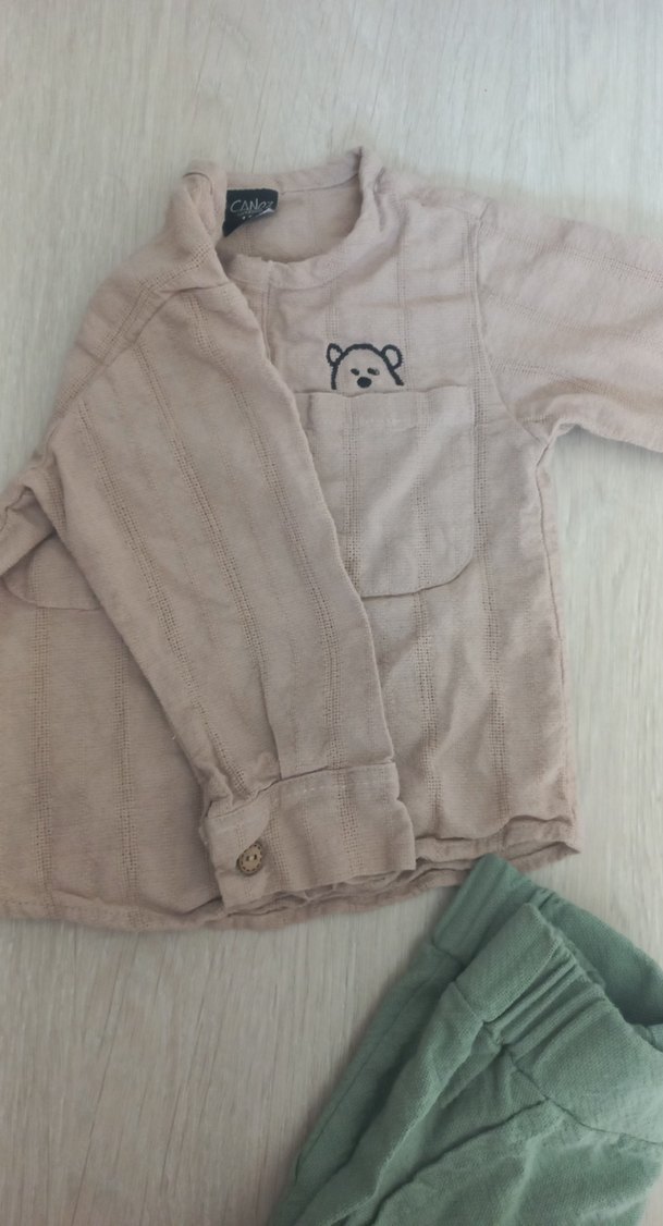 Bej Keten Uzun Kollu Bebek Takımı - Görsel 3