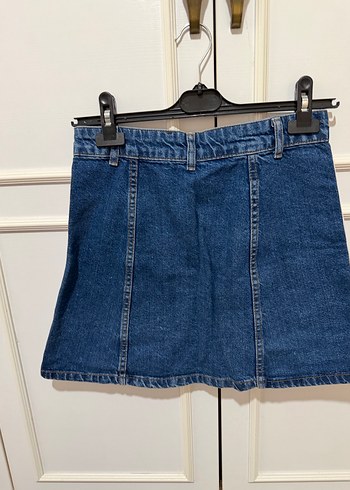 Düğmeli Çizgili Mavi Mini Kot Etek - Görsel 2