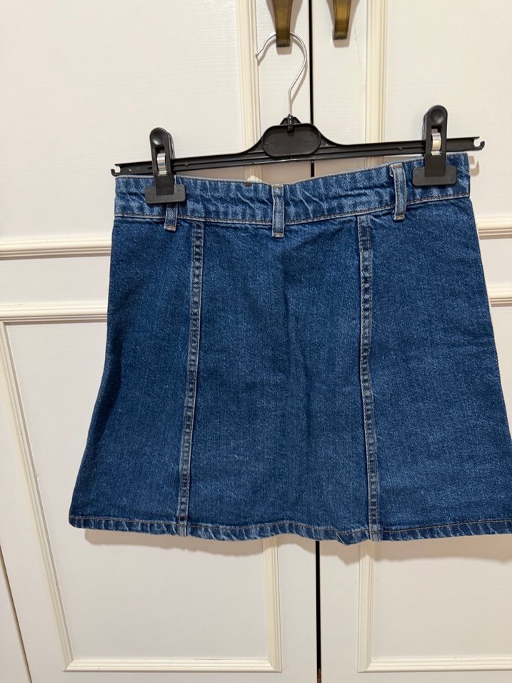 Düğmeli Çizgili Mavi Mini Kot Etek - Görsel 2