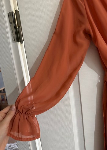 Somon rengi Uzun Kollu V Yakalı Salaş Elbise - Görsel 2