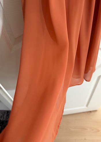 Somon rengi Uzun Kollu V Yakalı Salaş Elbise - Görsel 5