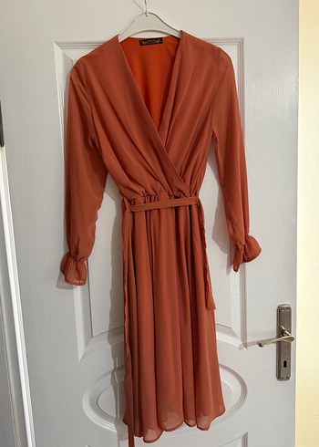 Somon rengi Uzun Kollu V Yakalı Salaş Elbise - Görsel 4