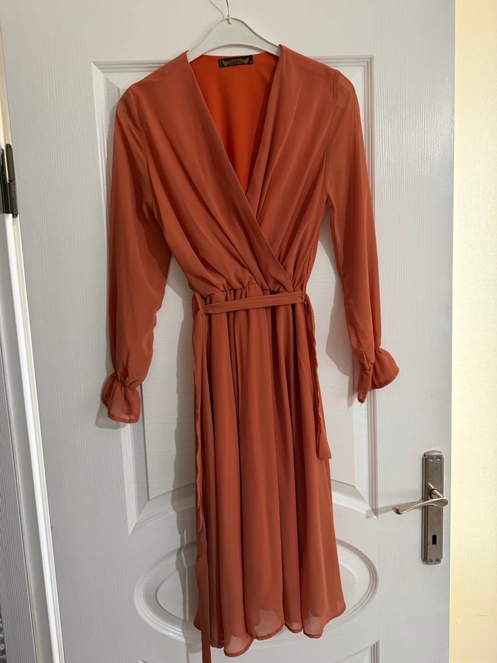 Somon rengi Uzun Kollu V Yakalı Salaş Elbise - Görsel 4