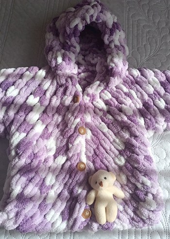 Kapüşonlu Mor Bebek Kız Hırka - Görsel 3