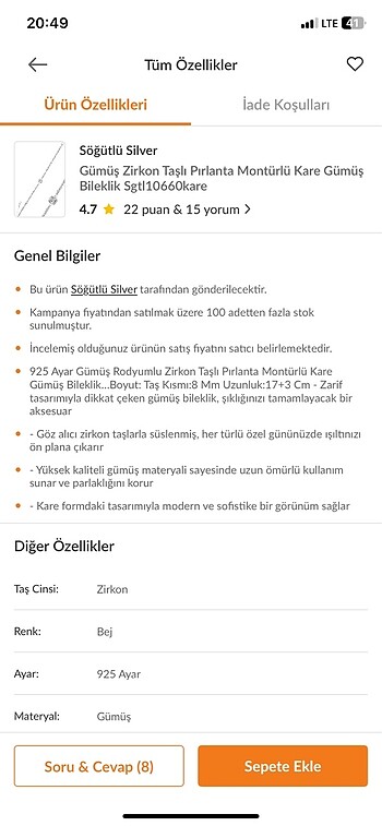 Beden gri Renk Zirkon taşlı kare bileklik