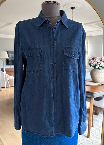 Lacivert Düğmeli Denim Kadın Gömlek - Görsel 3