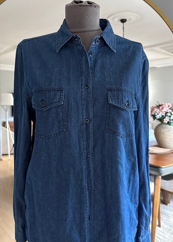 Lacivert Düğmeli Denim Kadın Gömlek - Görsel 2