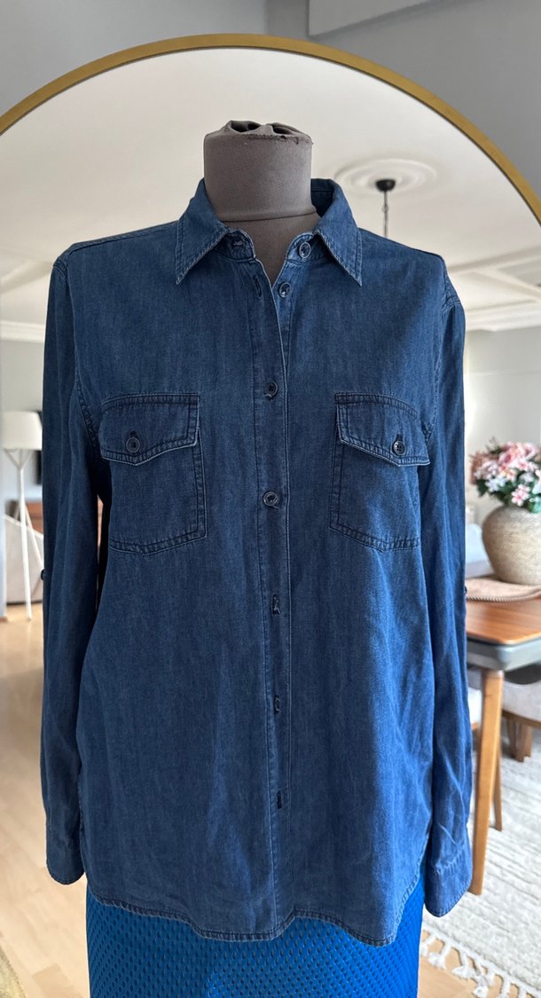 Lacivert Düğmeli Denim Kadın Gömlek - Görsel 2