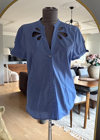 Düğmeli Lacivert Hamile Denim Bluz - Görsel 3