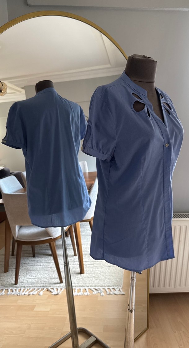 Düğmeli Lacivert Hamile Denim Bluz - Görsel 4