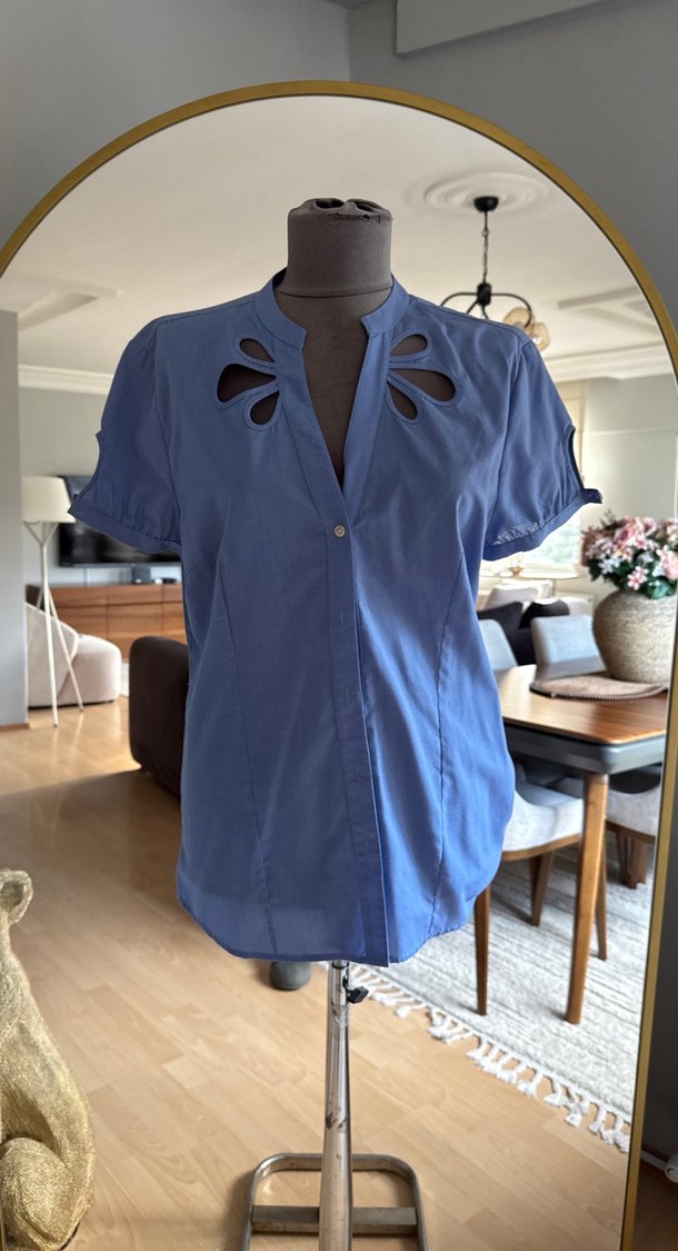 Düğmeli Lacivert Hamile Denim Bluz - Görsel 3