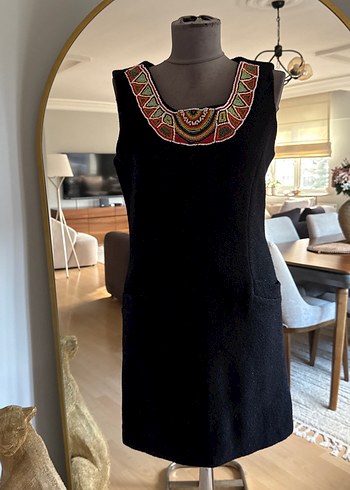 Boncuk İşlemeli Siyah Uzun Bohem Elbise - Görsel 3