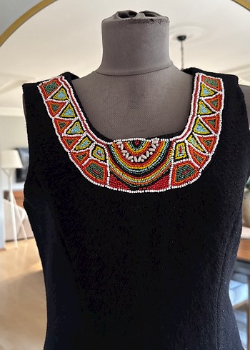 Boncuk İşlemeli Siyah Uzun Bohem Elbise - Görsel 2