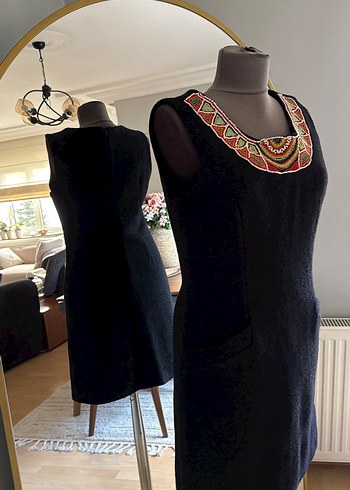 Boncuk İşlemeli Siyah Uzun Bohem Elbise - Görsel 5