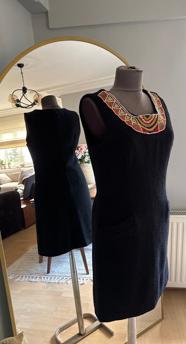 Boncuk İşlemeli Siyah Uzun Bohem Elbise - Görsel 5