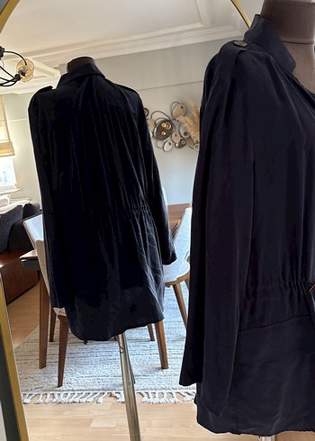 Siyah Kadın Midi Ceket, Kuşaklı, Geniş Kesim - Görsel 3