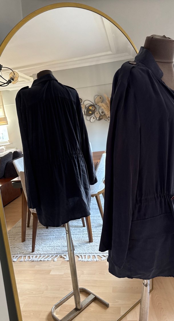 Siyah Kadın Midi Ceket, Kuşaklı, Geniş Kesim - Görsel 3