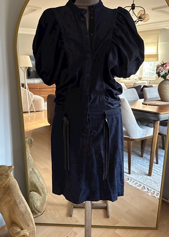 Kemerli Siyah Midi Denim Elbise - Görsel 3