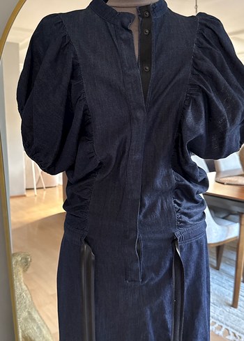 Kemerli Siyah Midi Denim Elbise - Görsel 2