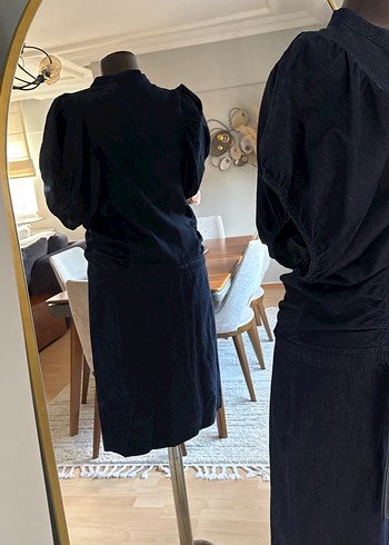 Kemerli Siyah Midi Denim Elbise - Görsel 4