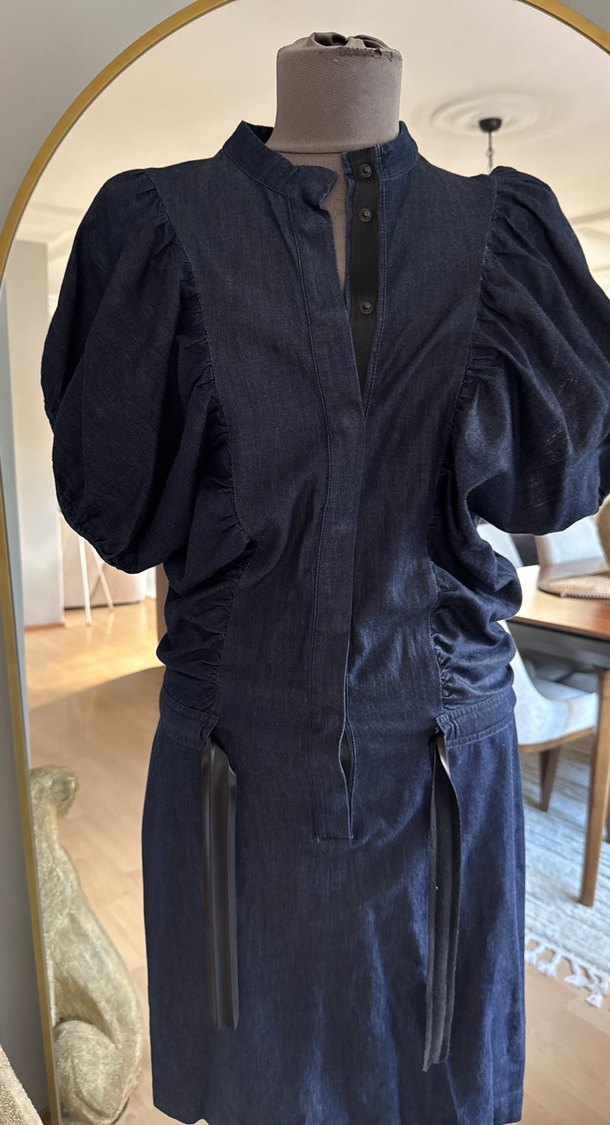 Kemerli Siyah Midi Denim Elbise - Görsel 2