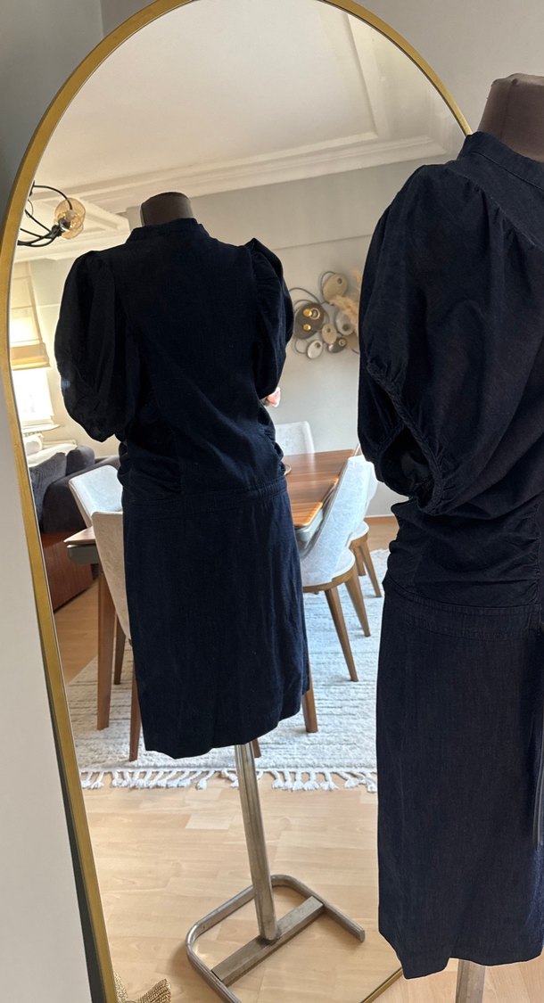 Kemerli Siyah Midi Denim Elbise - Görsel 4