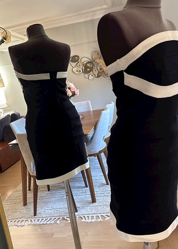 Siyah Beyaz Straplez Midi Elbise - Görsel 3