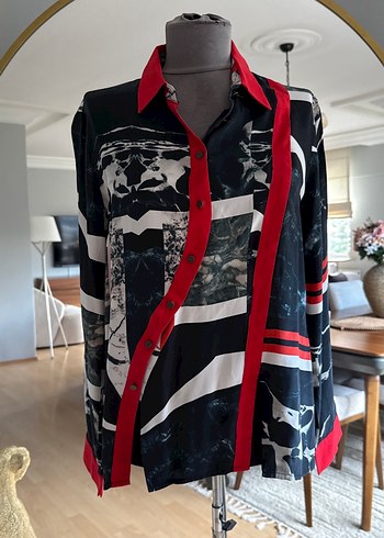 Drapeli Çok Renkli Gri Kadın Gömlek - Görsel 2