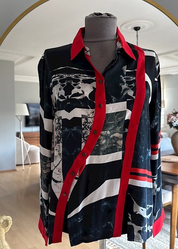 Drapeli Çok Renkli Gri Kadın Gömlek - Görsel 3