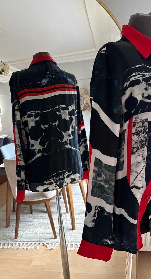 Drapeli Çok Renkli Gri Kadın Gömlek - Görsel 4