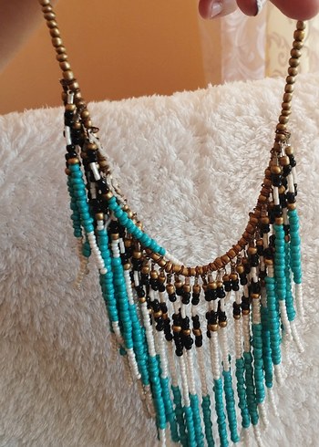 Uzun Turkuaz Boncuklu Bohem Kolye - Görsel 2