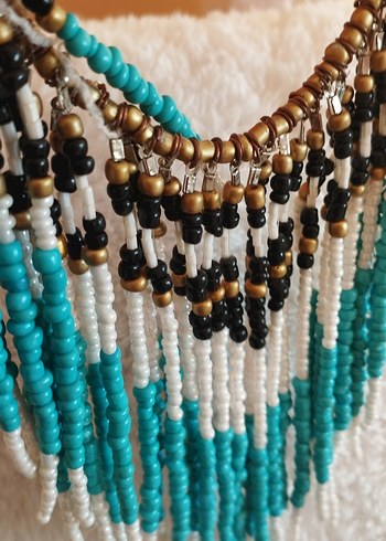 Uzun Turkuaz Boncuklu Bohem Kolye - Görsel 3