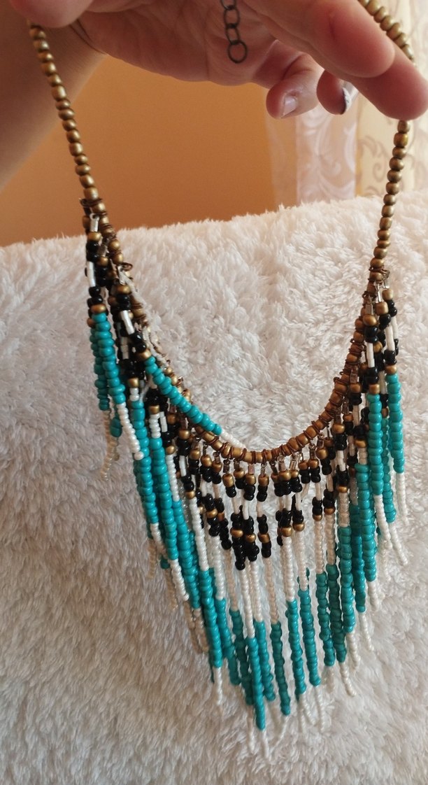 Uzun Turkuaz Boncuklu Bohem Kolye - Görsel 2