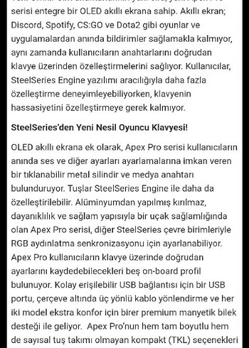  Beden Renk SteelSeries APEX 7 RGB Mekanik Oyuncu Klavyesi