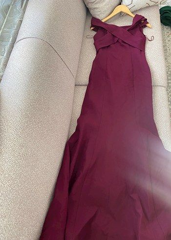 Bordo Drapeli V Yakalı Uzun Abiye Elbise - Görsel 3