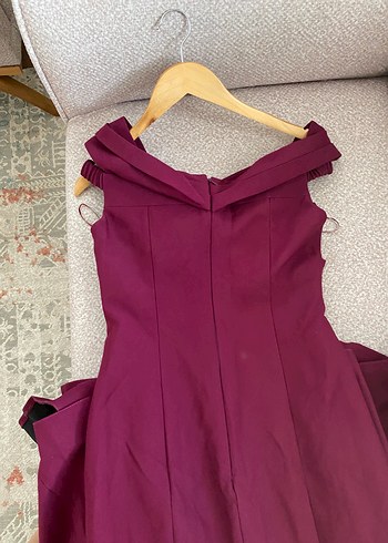 Bordo Drapeli V Yakalı Uzun Abiye Elbise - Görsel 4