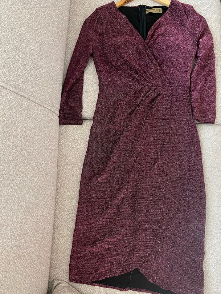 Bordo Drapeli Uzun Kollu V Yakalı Elbise - Görsel 2