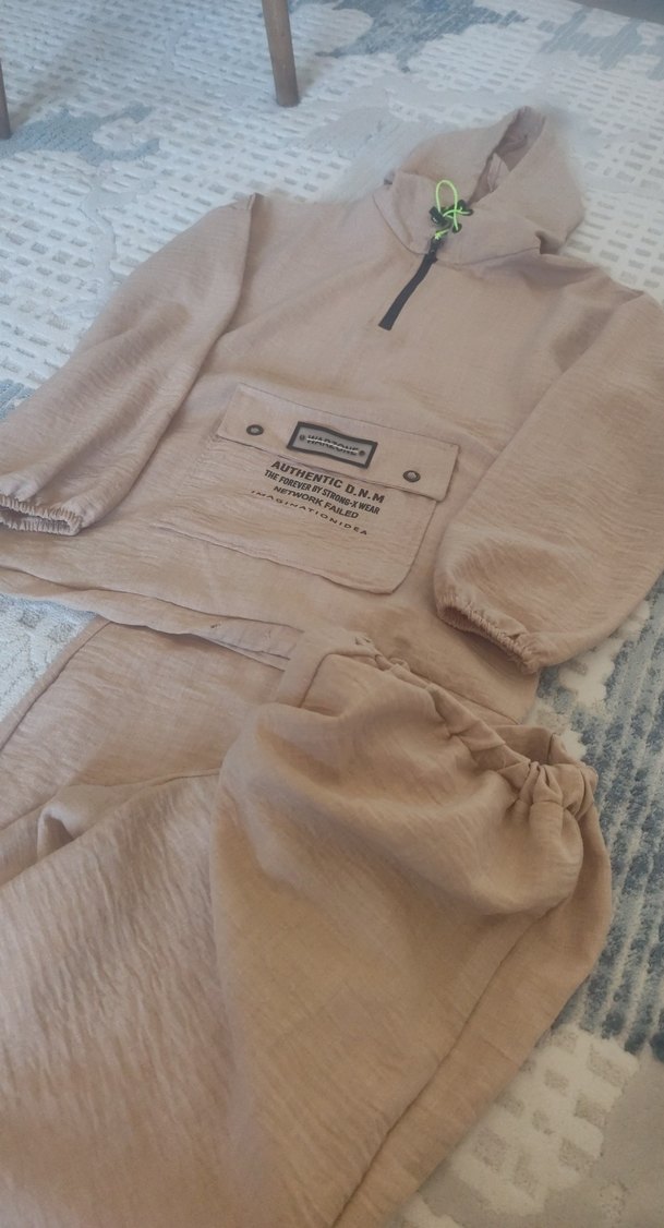 Bej Kadın Oversize Keten Eşofman Takımı - Görsel 4