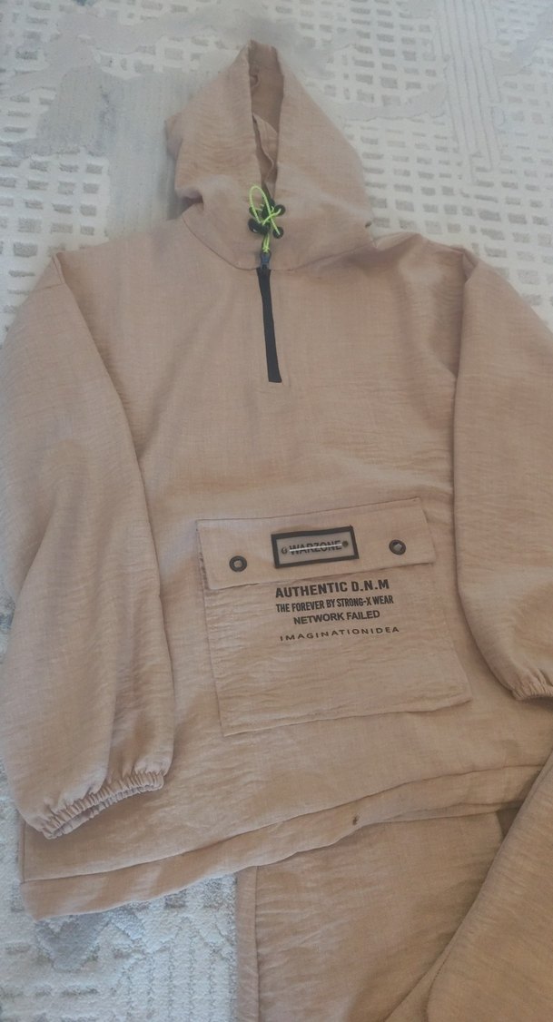 Bej Kadın Oversize Keten Eşofman Takımı - Görsel 3