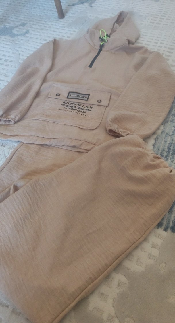 Bej Kadın Oversize Keten Eşofman Takımı - Görsel 2