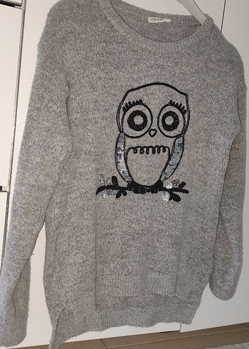 Gri Örme Baykuş Desenli Kadın Kazak - Görsel 2