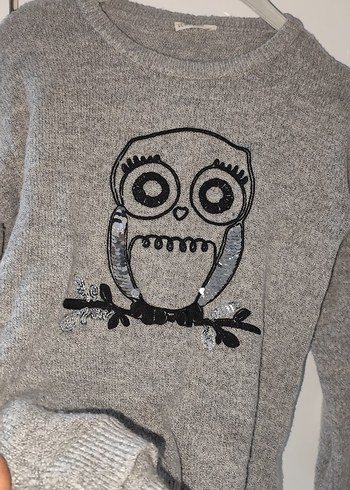 Gri Örme Baykuş Desenli Kadın Kazak - Görsel 5