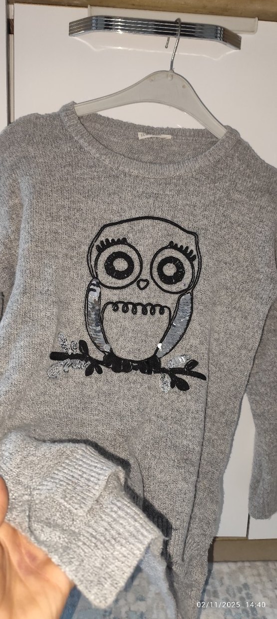 Gri Örme Baykuş Desenli Kadın Kazak - Görsel 5