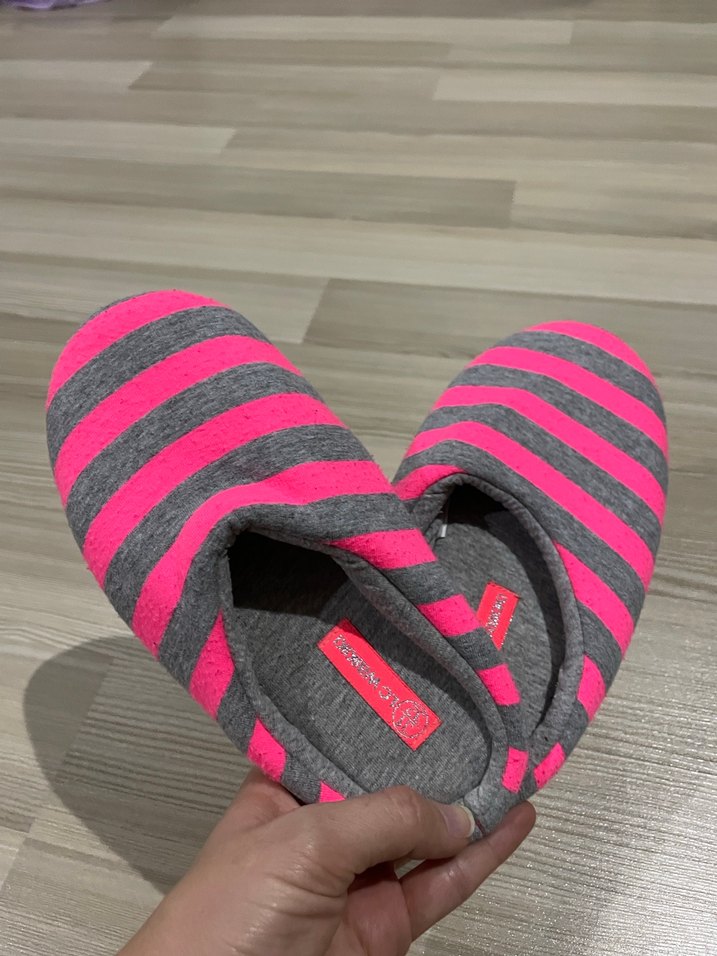 Pembe Gri Çizgili Kız çocuk panduf - Görsel 2